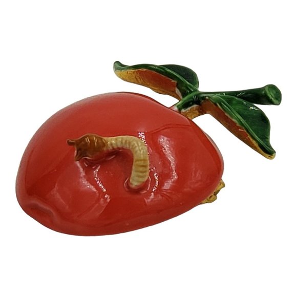 Original by Robert Enamel Apple Worm Brooch Red Fruit Figural Signed VTG - Picture 2 of 12